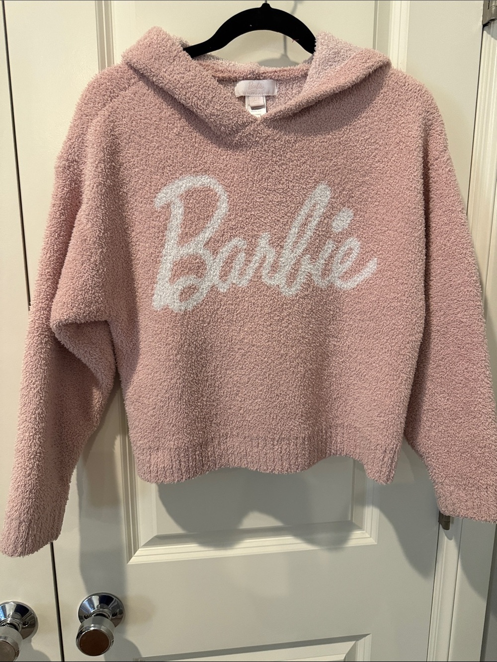 Barefoot Dreams Barbie Plush Hooded Top in Light Pink with White Script